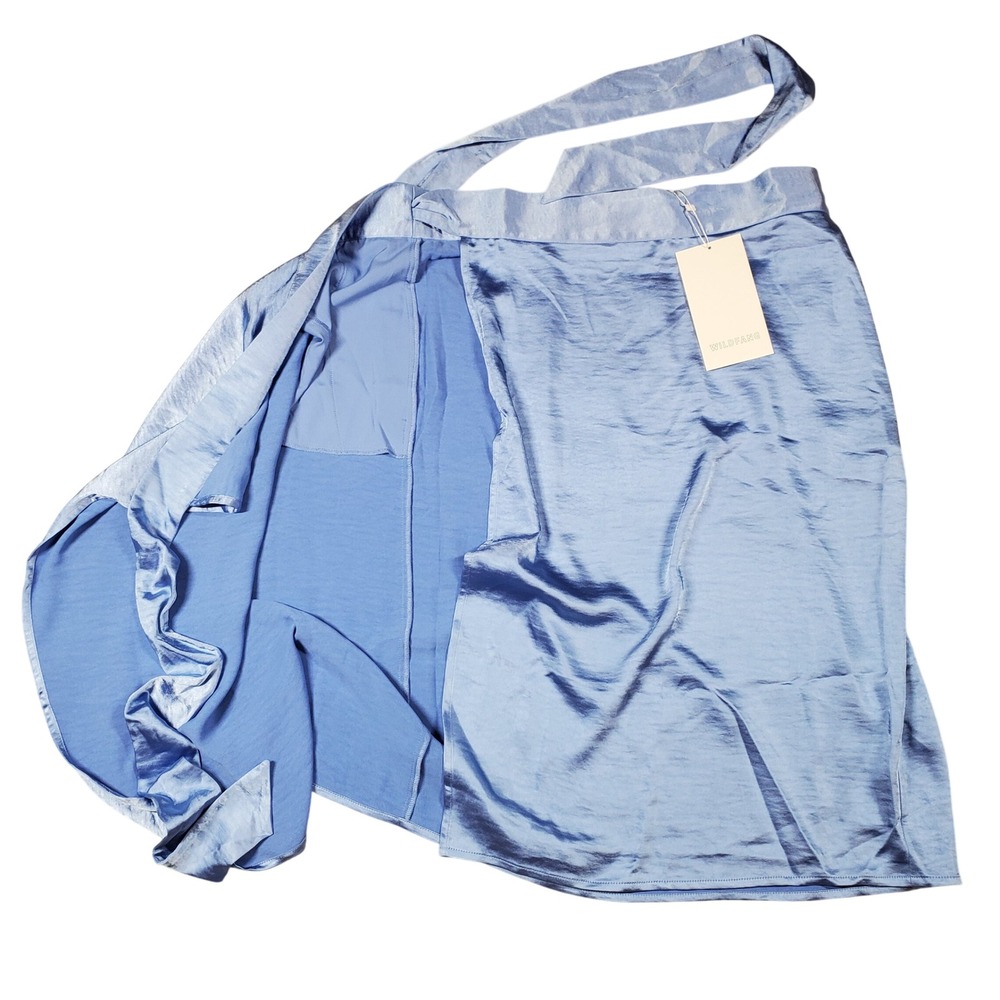 Wildfang Empower Satin Wrap Skirt Womens Medium Light Blue Coquette Silky Slip - Picture 3 of 7